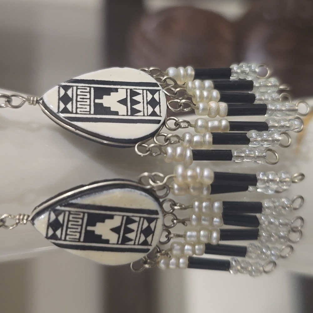 Southwestern Black And White Native American Beaded Fringe Earrings - Picture 3 of 4